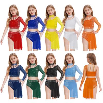 Girls One Shoulder Mesh Long Sleeve Shiny Rhinestone Crop Top Irregular Skirt Lyrical Dance Outfit Contemporary Performance Wear