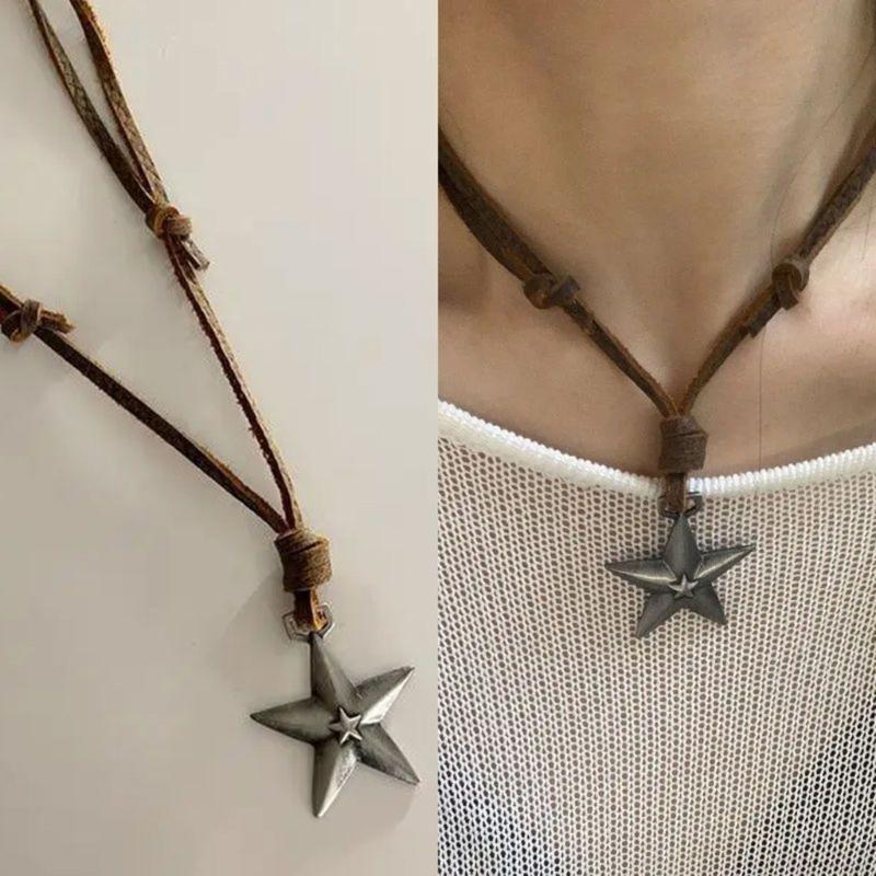 Adjustable Leather Rope Star Pendant Necklace for Women Vintage Ethnic Style Boho Necklace Harajuku Jewelry Accessories