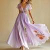 Women's V Neck Short Sleeve Maxi Dress Loose Fit High Waist Sweet Floral Print Chiffon A-Line Dress