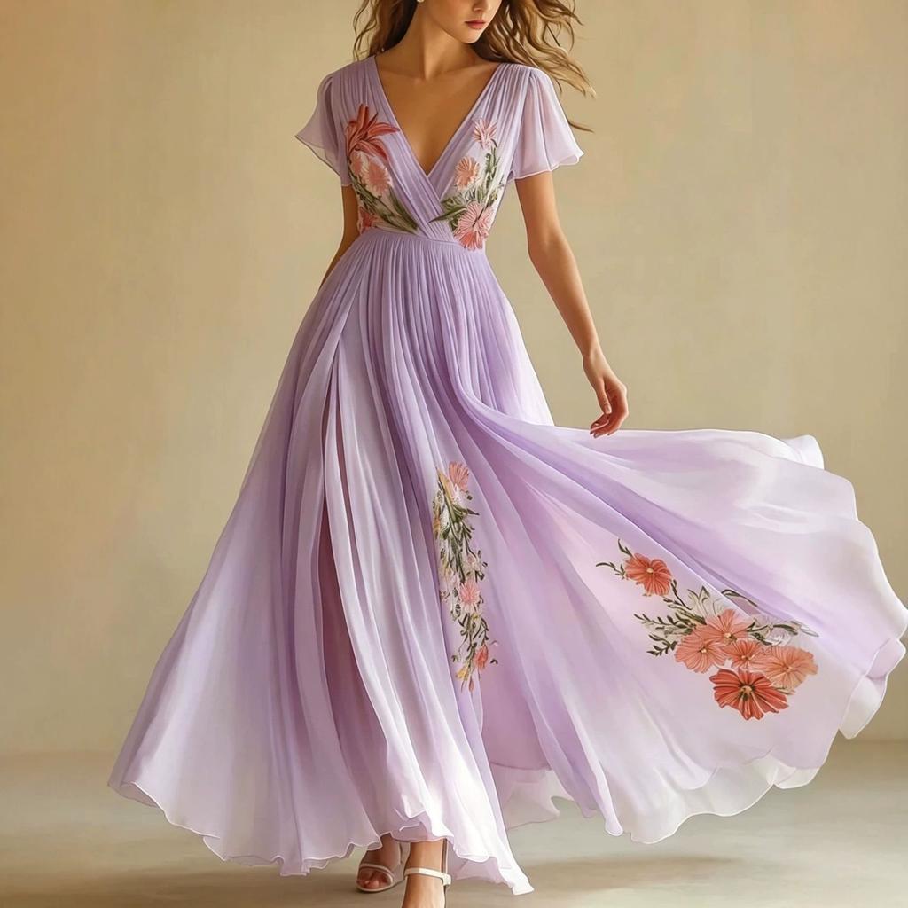 Women's V Neck Short Sleeve Maxi Dress Loose Fit High Waist Sweet Floral Print Chiffon A-Line Dress