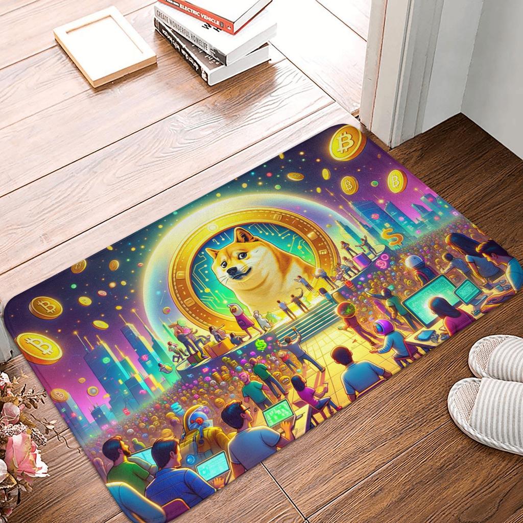 Cryptocurrency Dogecoin Floor Door Kitchen Bath Mats Anti-Slip Outdoor Bitcoin Geek Doormat Garage Entrance Carpet Rug