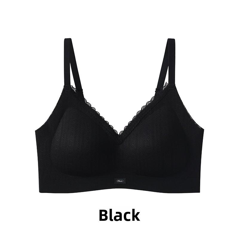 Delicate Floral Trim Soft Support Bra, Push Up Side Gathering Wireless Comfortable Women s Lingerie M чёрный