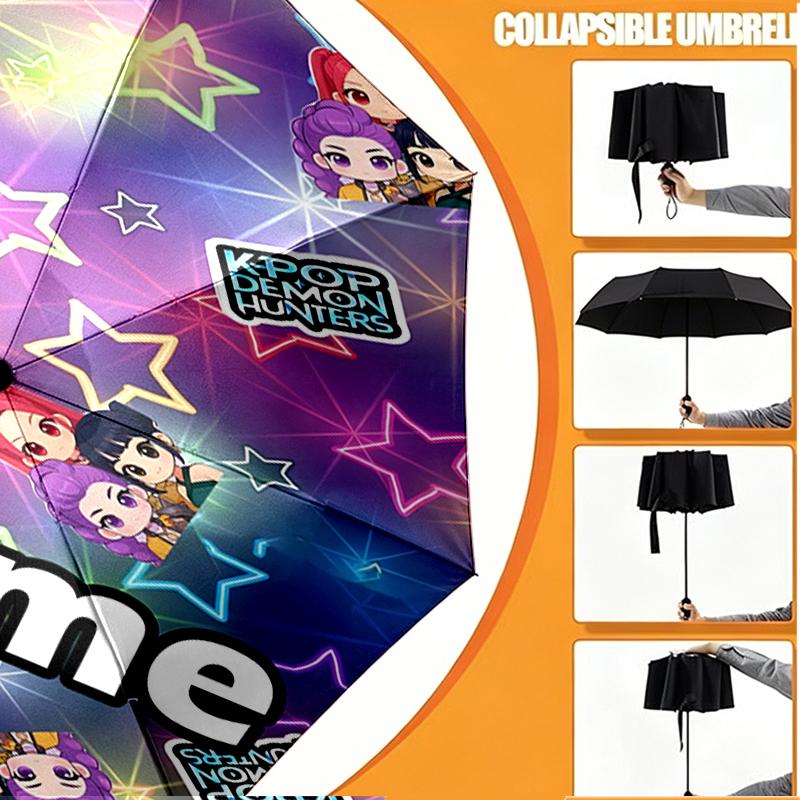 Custom Name Personalized KPop Hunters Print Umbrella, Auto Open Close, 8‑Rib Sturdy Frame, Commute Camping Hiking Use, Birthday Gift