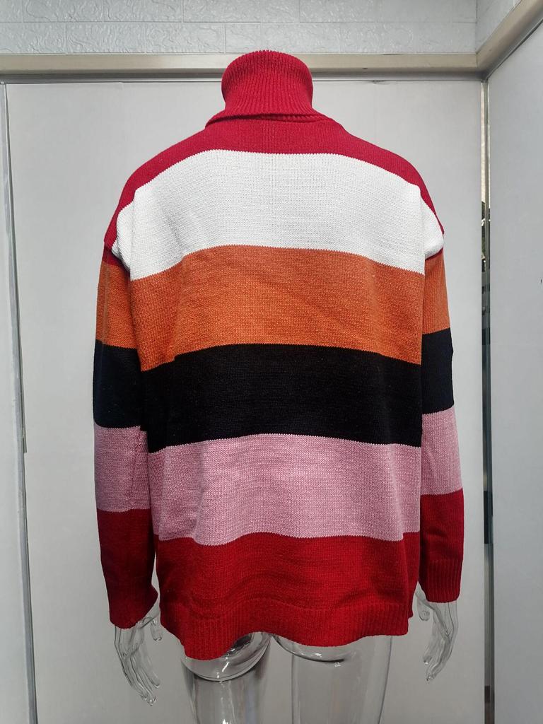 2025 Autumn/Winter High Neck Patchwork Knit Plus Size Women's Striped Sweater