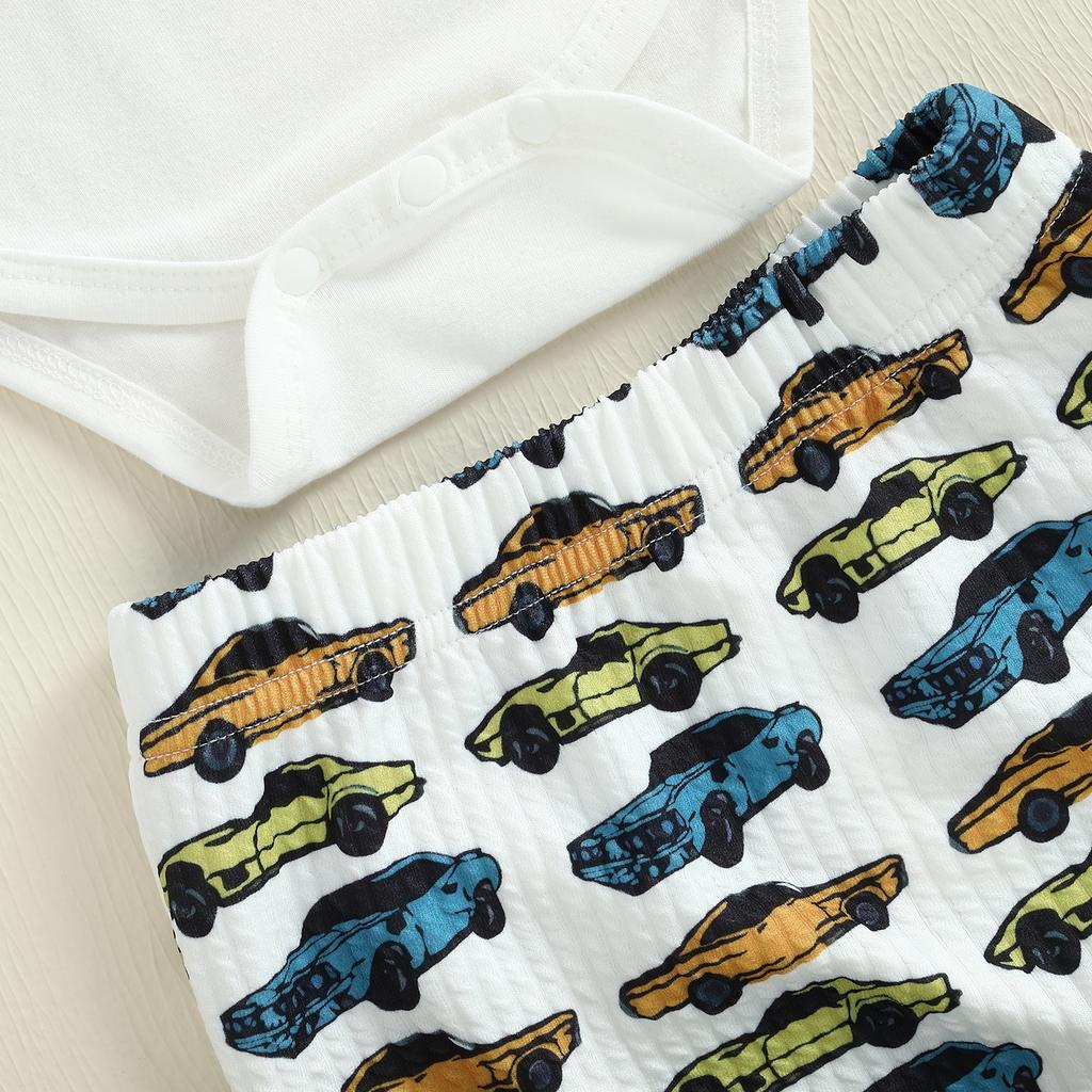 Baby Summer Outfits Letter Print Short Sleeve Round Neck Romper with Hat/Car Pattern Shorts and Headband Outfit