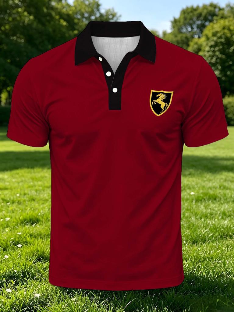 [Print Design - Not Textured] Men'S Outdoor Short Sleeve Polo Shirt, Multi-Size Available, Men'S Collared Polo, Red Base with Chest Emblem Print Men'S