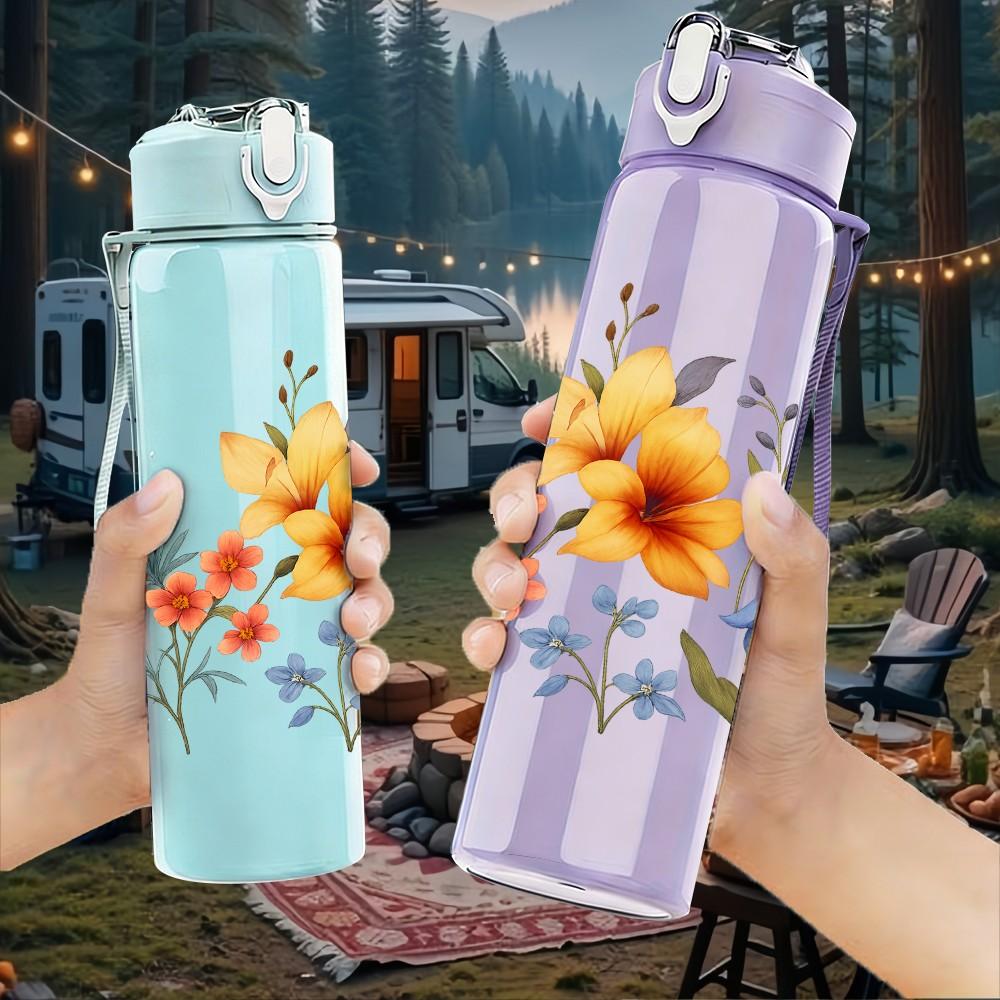 1PC Wild Floral Bouquet Art Print 750ml Color Plastic Sports Water Bottle Leakproof Flip Straw Lid Suitable for Sports Office Home Use