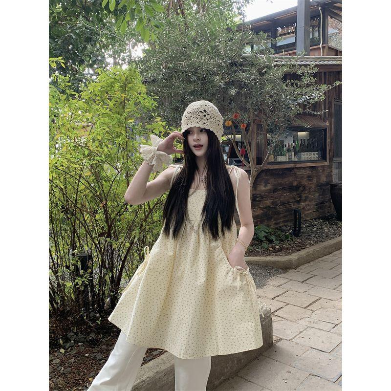 

Kumikumi Sweet Floral Lace-up Vest One piece Dress Women clothing Summer Age-Reducing Chic Suspender Skirt A- Line Skirt Image color M