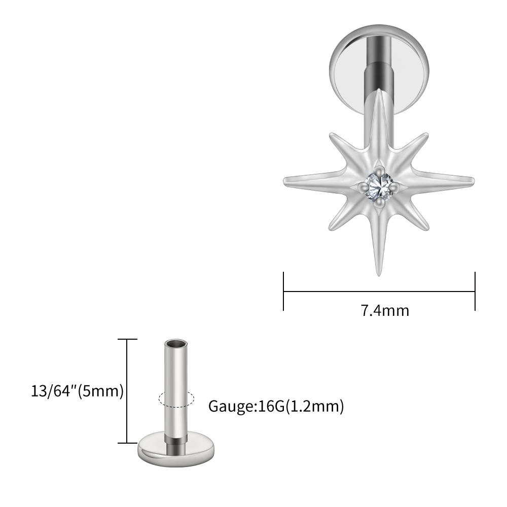 Right Grand ASTM F136 Titanium CZ North Star Flat Back Earring 16G Tiny Starburst Helix Cartilage Stud Earlobe Piercing Jewelry