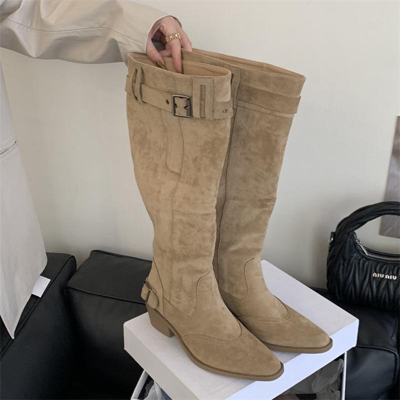 

Women with big tube circumference boots 2025 autumn and winter look thin but knee long boots pointed thick heel belt buckle pile boots women 39 хакі
