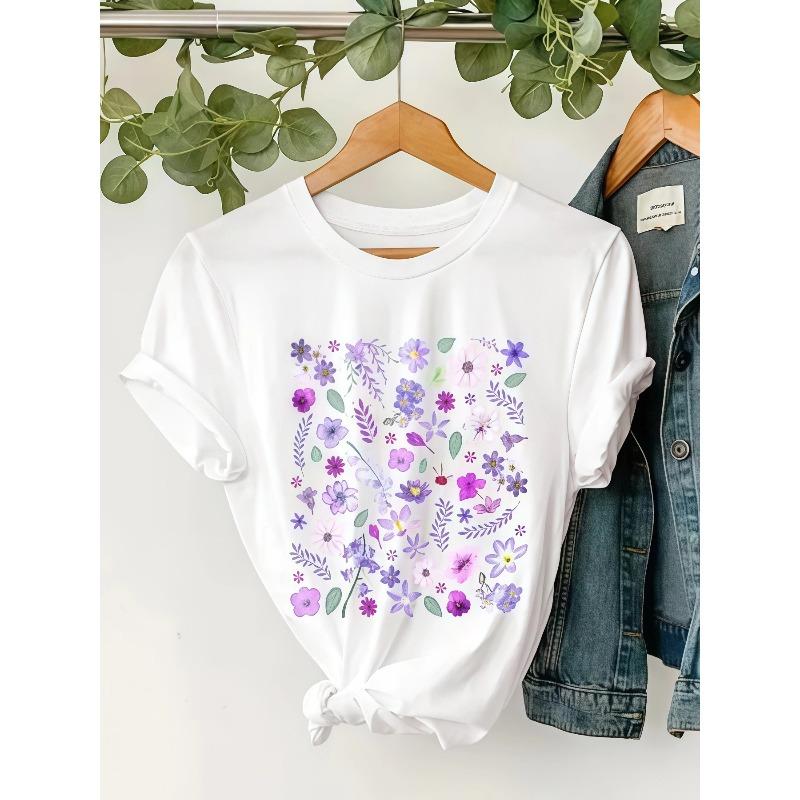 

European Size Ladies Casual Printed T-shirt | Rural Style Crew Neck Top, Breathable Soft Fabric, Violet Colorful Flowers 4XL