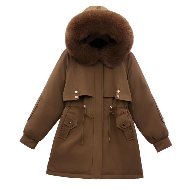 Winter Clothing with Large Fur Collar, Medium To Long Style, Overcoming Cotton Jacket, Women's Fashionable Plus Velvet Cotton Jacket