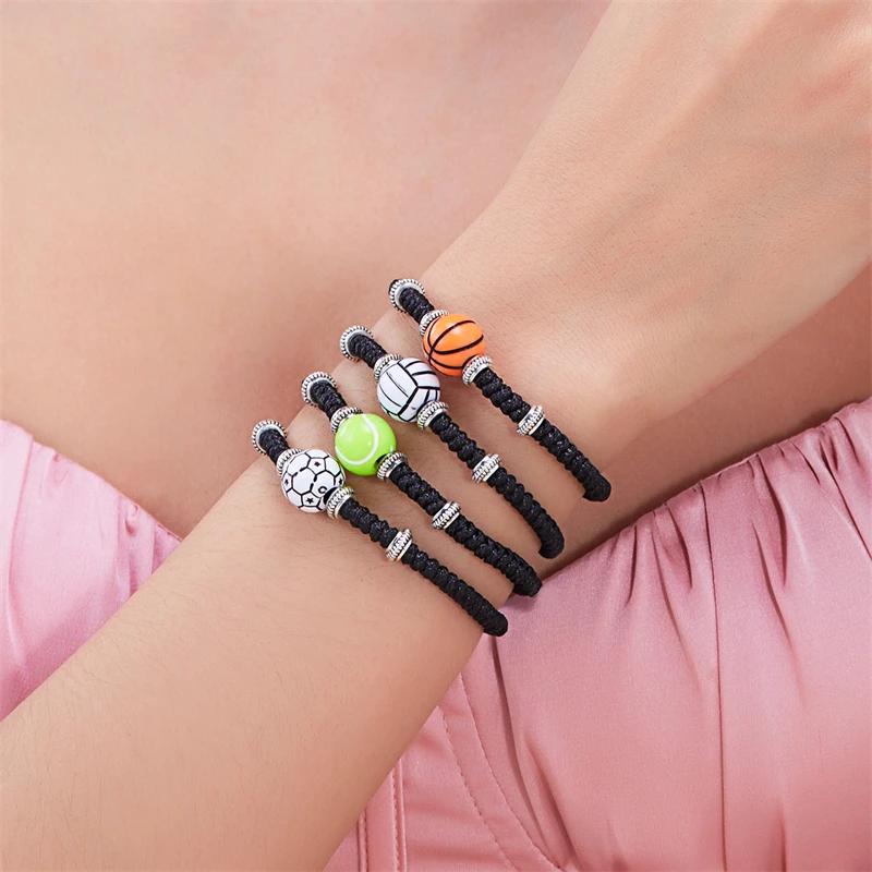 Football Baseball Basketball Charm Bracelet For Men Women Simple Adjutable Black Rope Braided Bracelet Boys Sports Jewelry