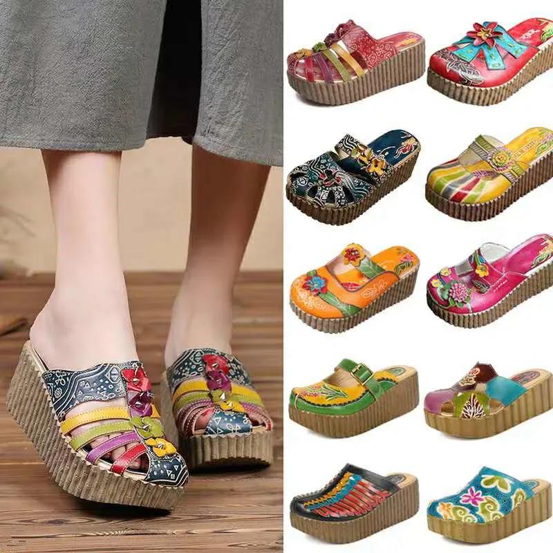 Fashion GKTINOO 2025 Summer Shoes Women Wedge Slides Cover Toes Handmade Flower Thick Heels Genuine Leather Lady Platform Slippers
