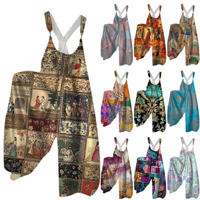 Women's Summer Strappy Pants Floral Print Vintage Jumpsuit ,Non-Adjustable Straps,