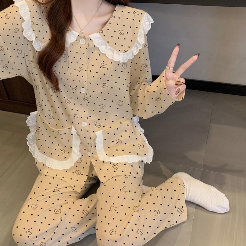 Cute High-Value Polka Dot Doll Collar Pajamas Women'S Cloud Cotton Long-Sleeved Student Loungewear Set