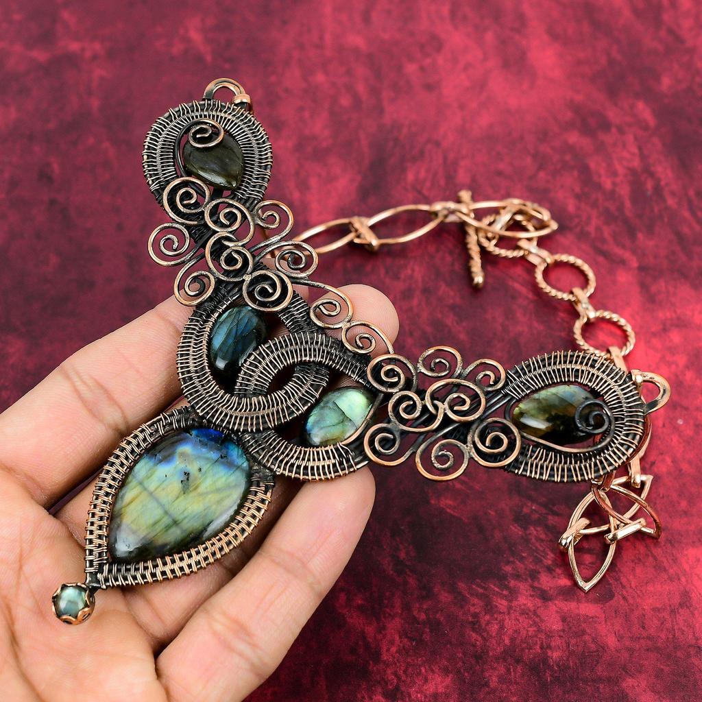 Labradorite Necklace Copper Wire Wrapped Necklace Adjustable Chain Necklace Copper Jewelry Handmade Real Gemstone Necklace Wire Wrap Jewelry