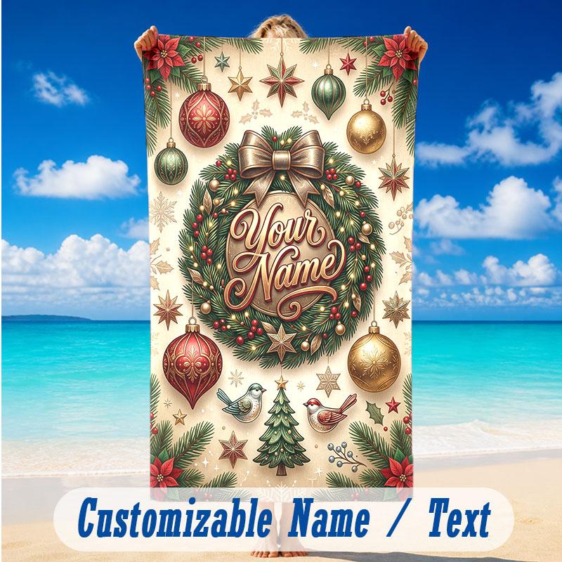 Christmas Theme Beach Towel Personalized Custom Name & Text Soft Quick Dry Beach Towel for Swimming Travel
