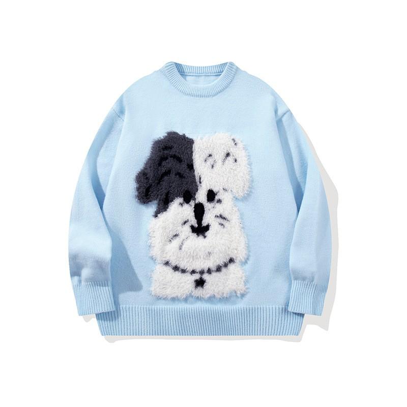 Womens Oversized Cartoon Dog Jacquard Knit Sweater Winter Loose Warm Pullover Top