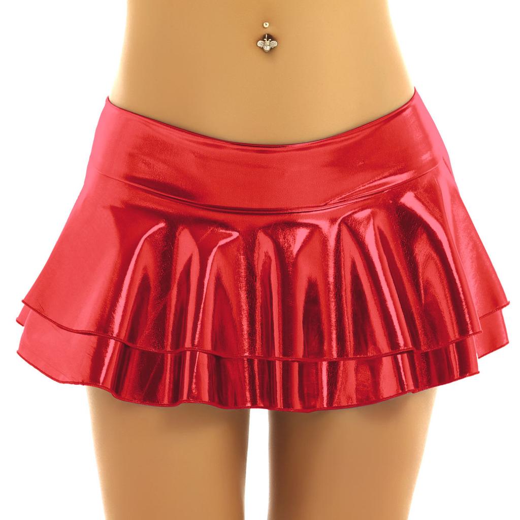Glänzende Metallic-Low-Rise-Miniröcke für Damen mit Rüschen und Falten, Rave-Party, Clubwear