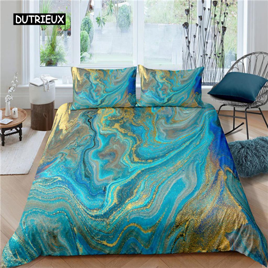 Schicker Marmor-Bettbezug aus Mikrofaser, Mint, Gold, Glitzer, Türkis, Bettwäsche-Set, abstrakt, Aquablau, Bettbezug für Einzelbett, Doppelbett, volle Größe