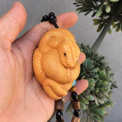 Zen Style Golden Sandalwood Snake King Pendant: Hand-Carved Zodiac White Snake Solid Wood Wenge Disc, Ideal Birthday Gift