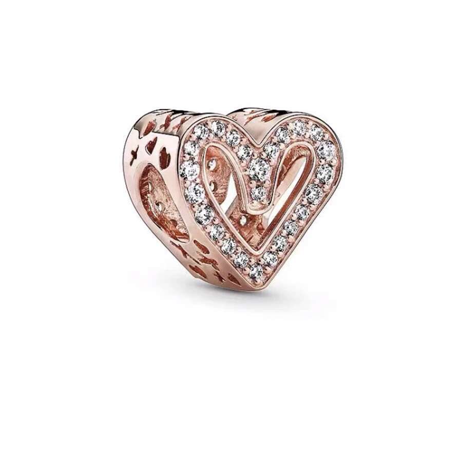 Plated Rose Gold Sparkling Pink Air Balloon & Levelled Heart Charm Bead Fit Original Sier Bracelet DIY Jewelry