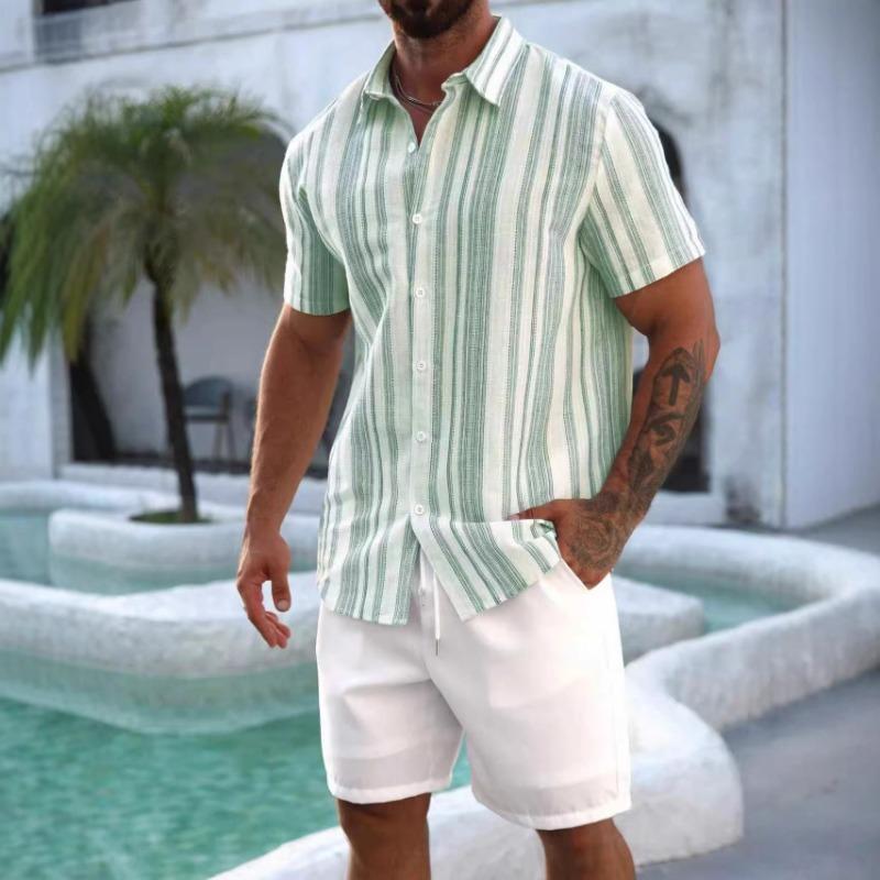 New Summer Men's Lapel Striped Short Sleeve Top Casual All-Match Shirt