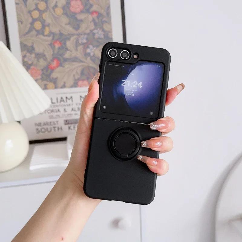Simple Solid Color Rotating Ring Bracket Phone Case For Samsung Galaxy Z Flip 7 6 5 4 3 Soft Silicone Shockproof Protector Cover