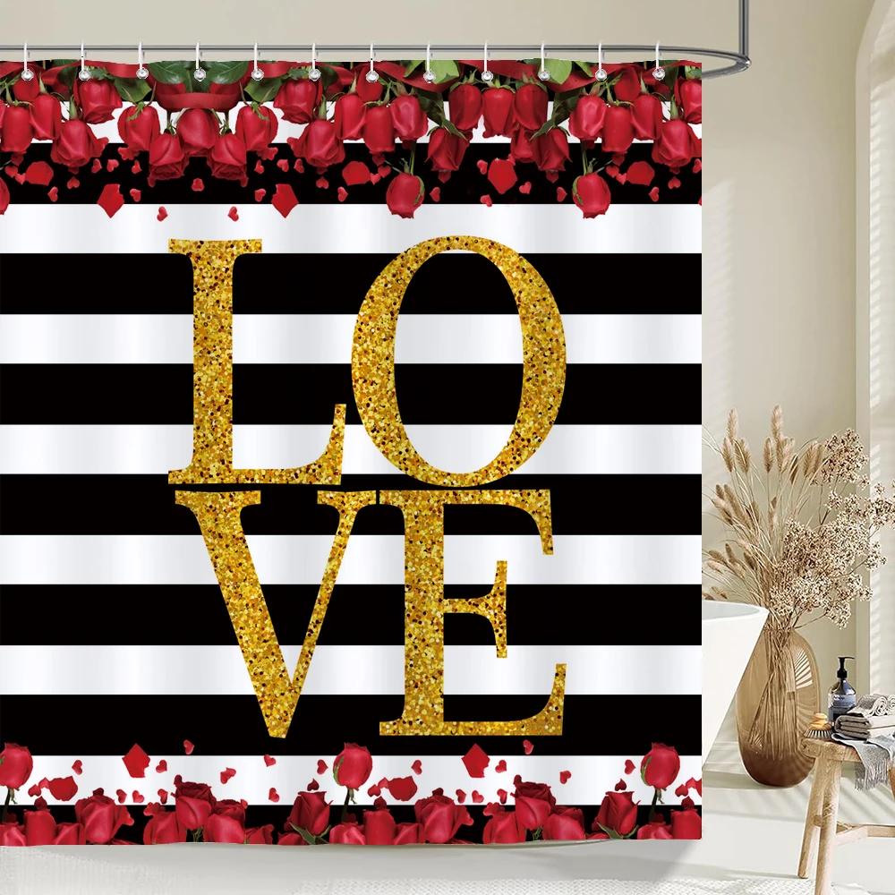 Love Red Rose Shower Curtain Bath Screen Waterproof Fabric Bathroom Decor Large Size 240X180 Valentine's Day Shower Curtains