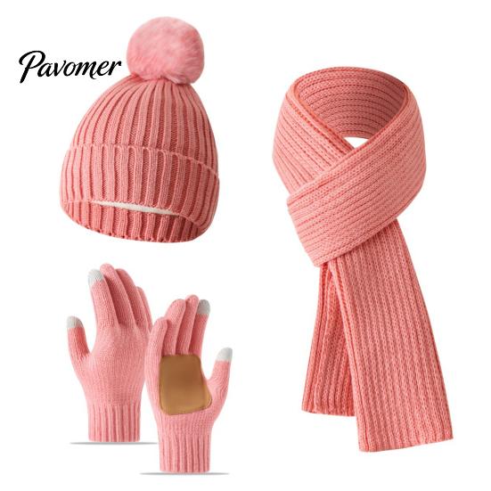 Fashionable Vertical Stripe Knitwear Winter Hat Scarf Gloves Set, Knitted with Pompom, Touch Screen Gloves, Cold Weather Essential Set Warm