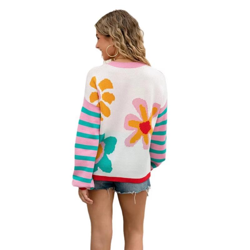 Autumn and Winter Women's Spliced Striped Long-sleeved Flower Sweater Warm Round Neck Fashionable Knitted Sweater