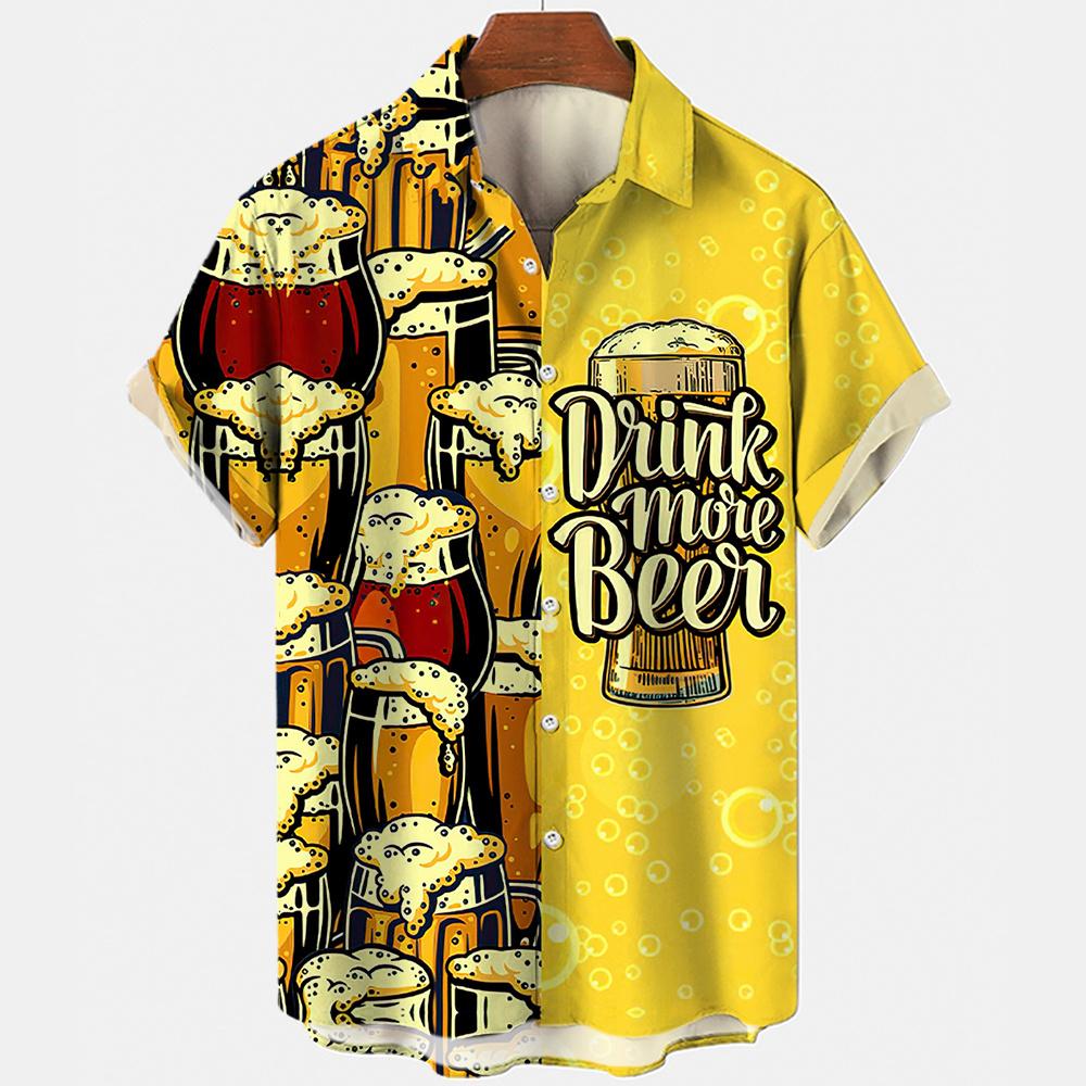 Hawaiian Beach Harajuku Shirts For Men 3D Print Beer Short Sleeve Tees Summer Vacation Style Single-Breasted Tops Lapel