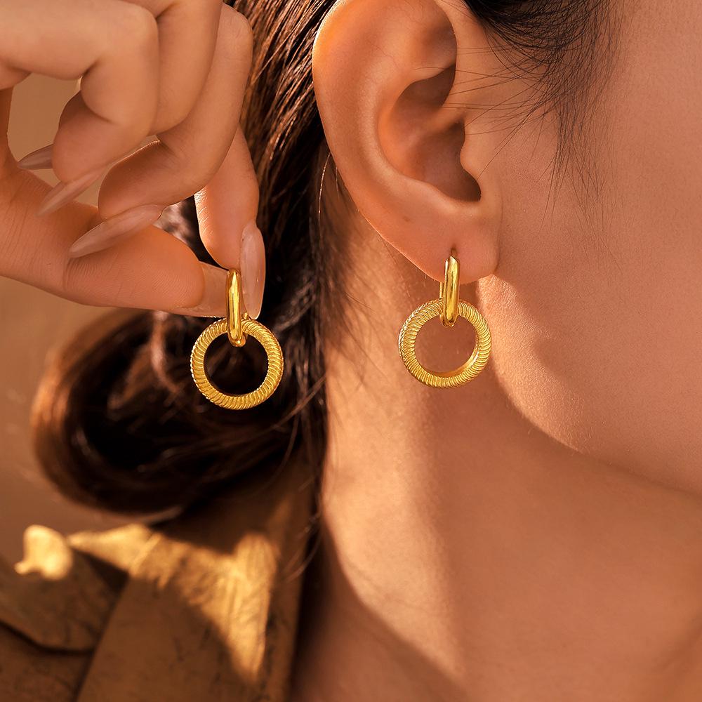 Qiong Yao Hypoallergenic Double Ring Threaded Stainless Steel Earrings with PVD Coating