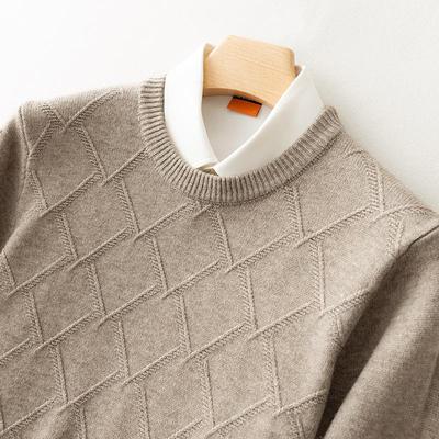 Men's Wool Sweater, Autumn/Winter, Round Neck, Diamond Pattern, Loose Fit, Plus Size, Thick Knit, Solid Color Pullover