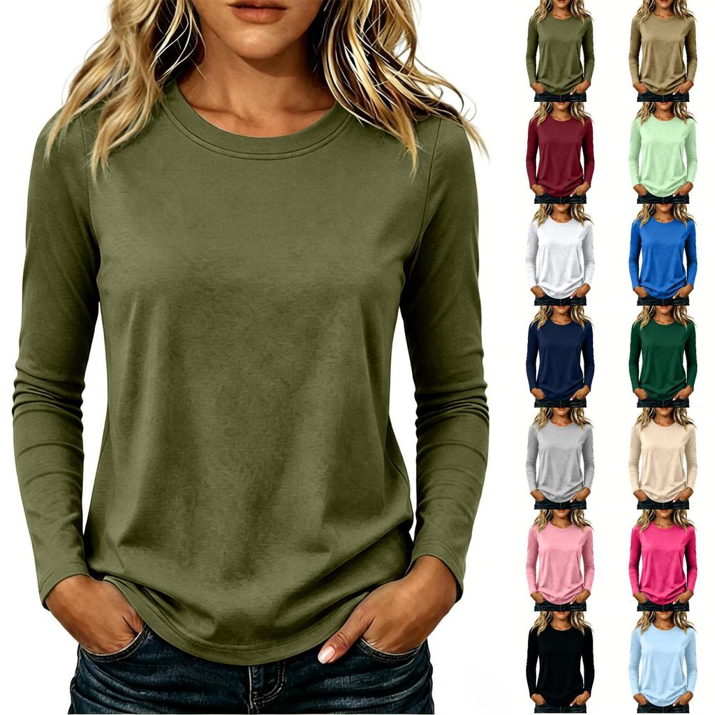 Women's Casual Long Sleeve Solid Color Crew Neck Shirt Lightweight Soft Fabric Relaxed Fit Everyday Wear