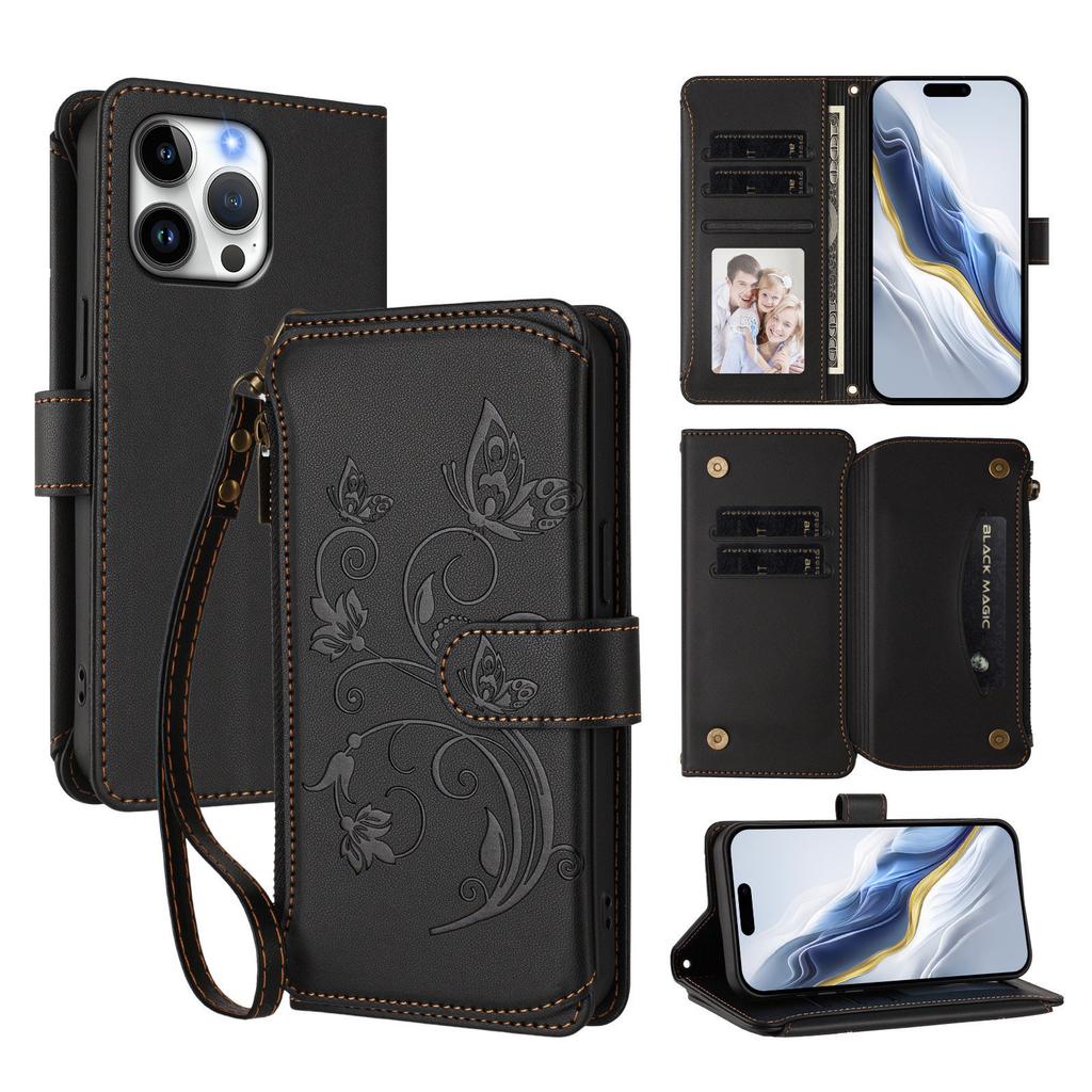 For iPhone 16 Pro Max Leather Case Butterfly Floral Imprint Zipper Wallet Stand Cover with Wrist Strap