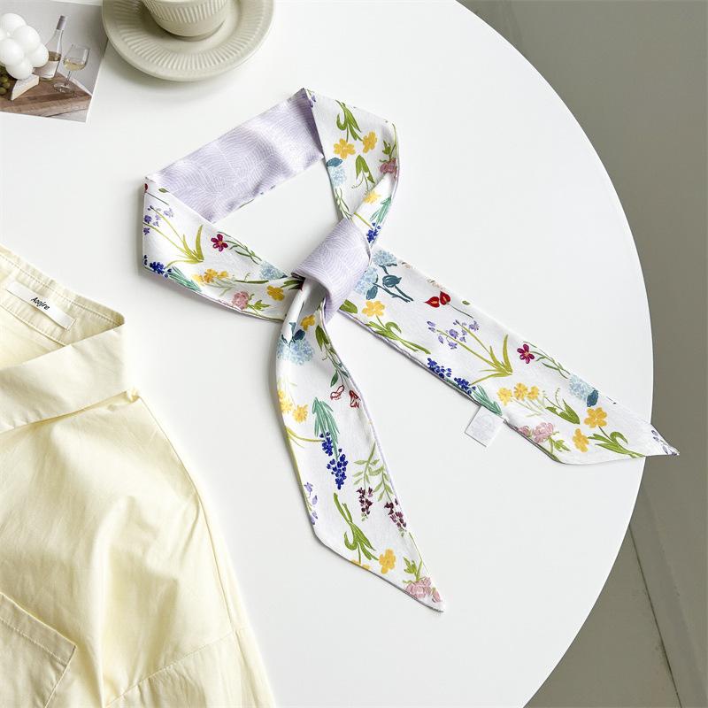 Spring Flower Print Silk Scarf Women's Versatile Long Strip Narrow Silk Scarf Pastoral Art Diagonal Streamer Tied Bag Ribbon