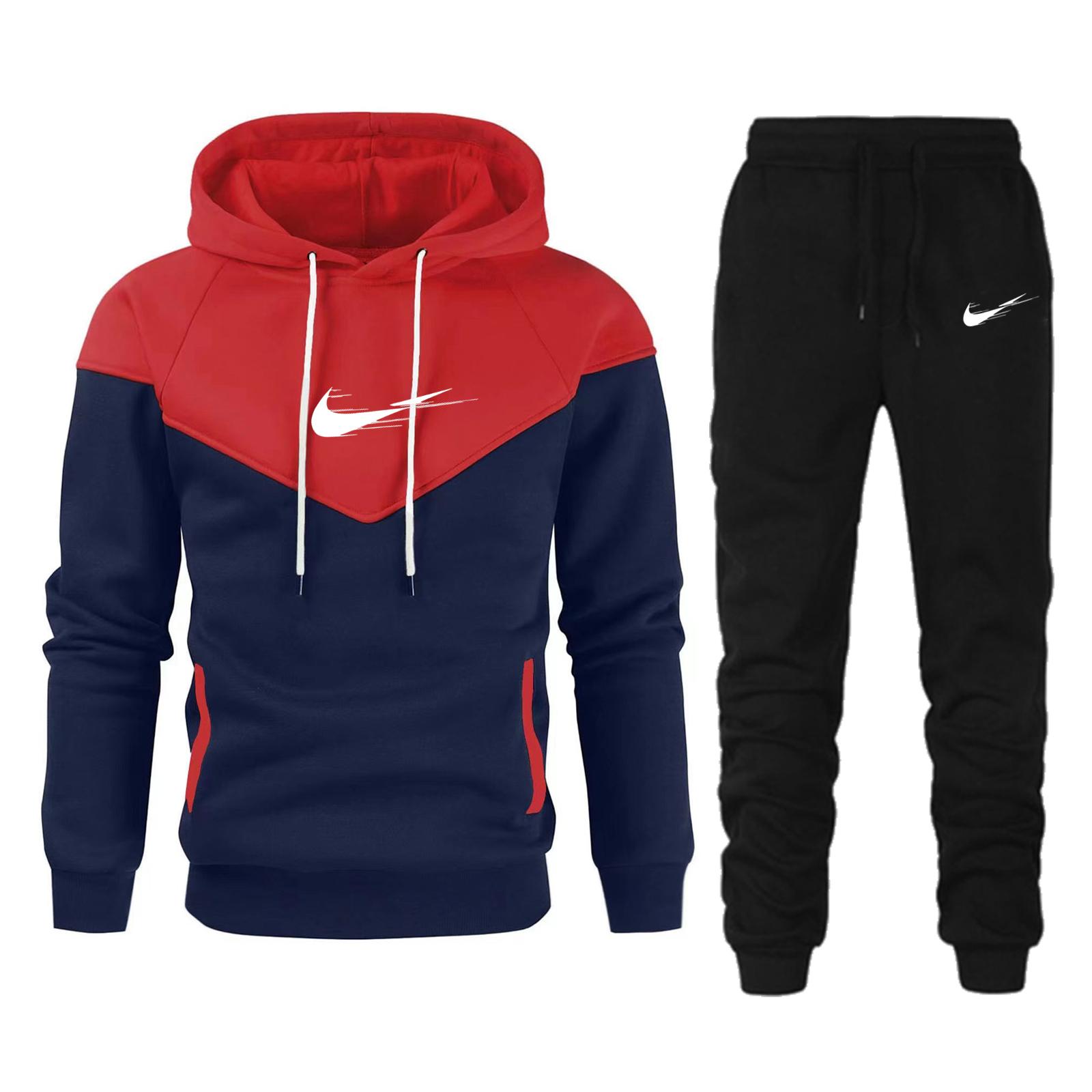 Tute sportive nere da uomo autunno 2025, nuove, con cappuccio caldo e felpato, abbinate ai colori, 2 pezzi, abbigliamento maschile XL rosso