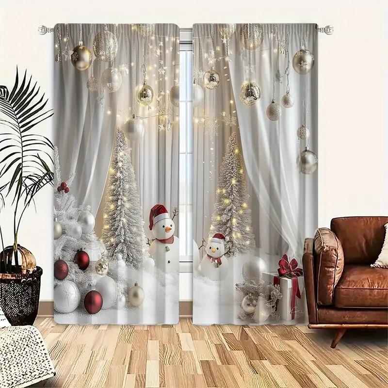 2 pieces - Christmas printed curtains with snowman and tree patterns   home decoration   room decoration