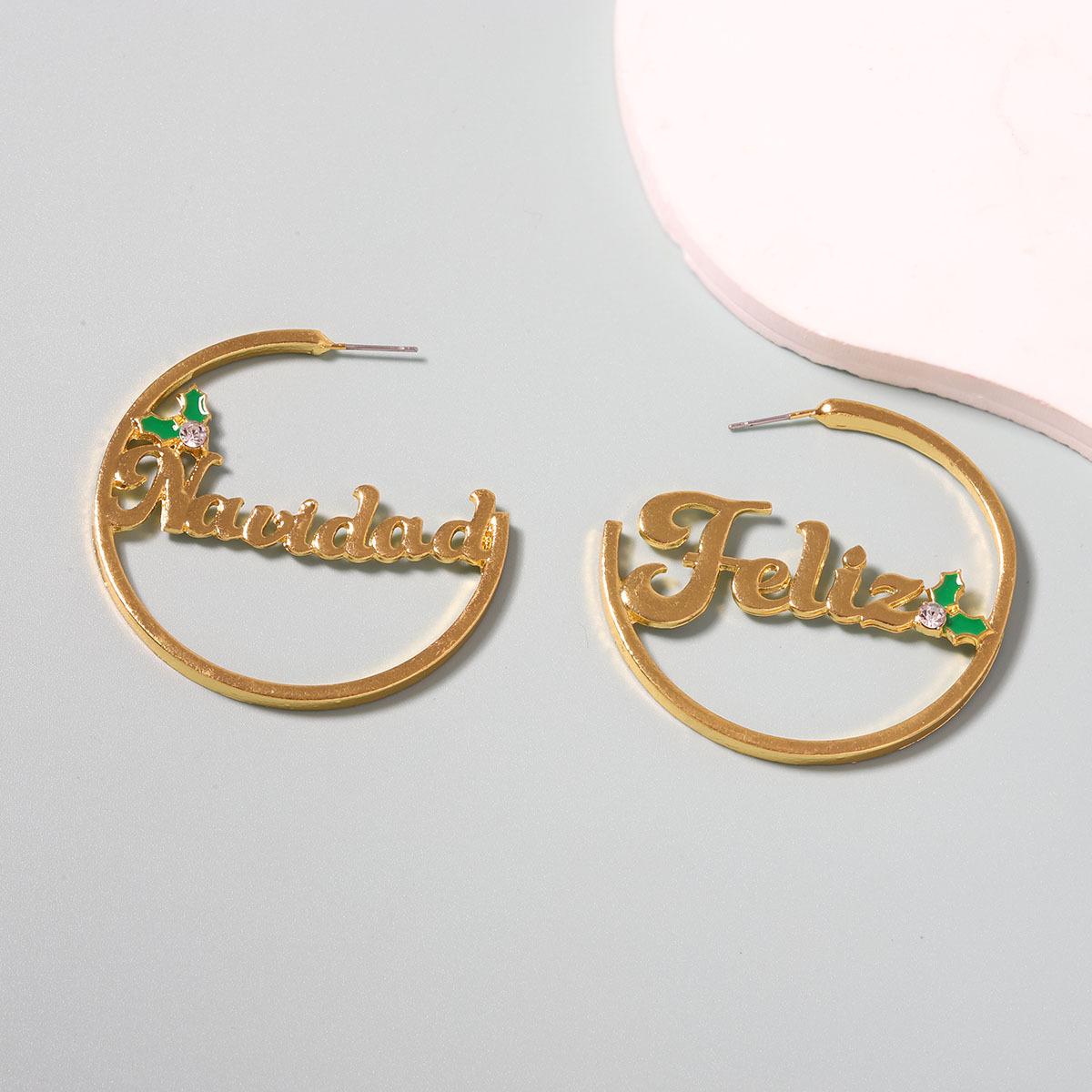 

Hollowed-out Spanish letter Merry Christmas Creative geometric round stud earrings with diamonds, simple, light luxury and versatile