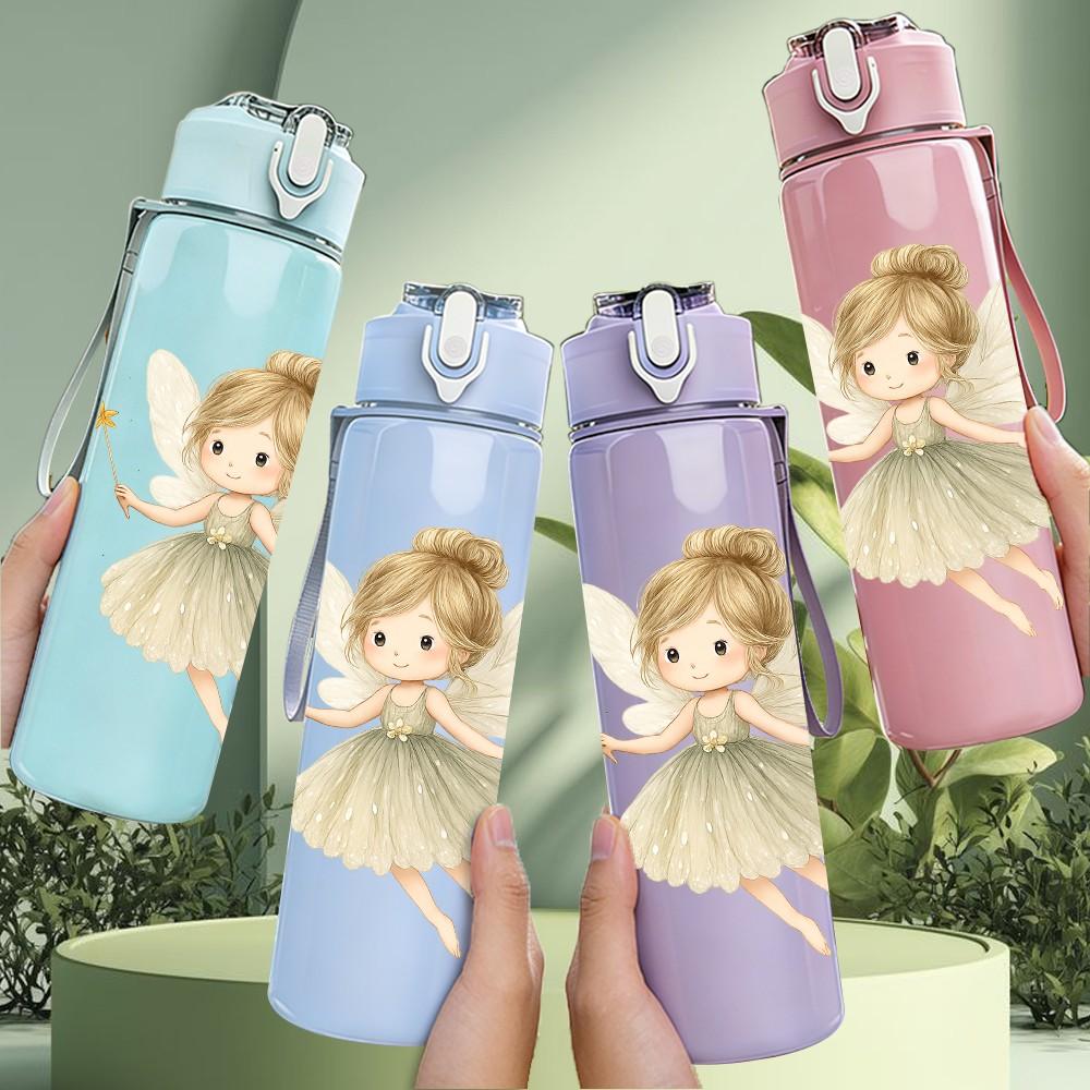 1PC Cute Winged Fairy Illustration 750ml Color Plastic Sports Water Bottle Leakproof Flip Straw Lid Suitable for Sports Office Home Use