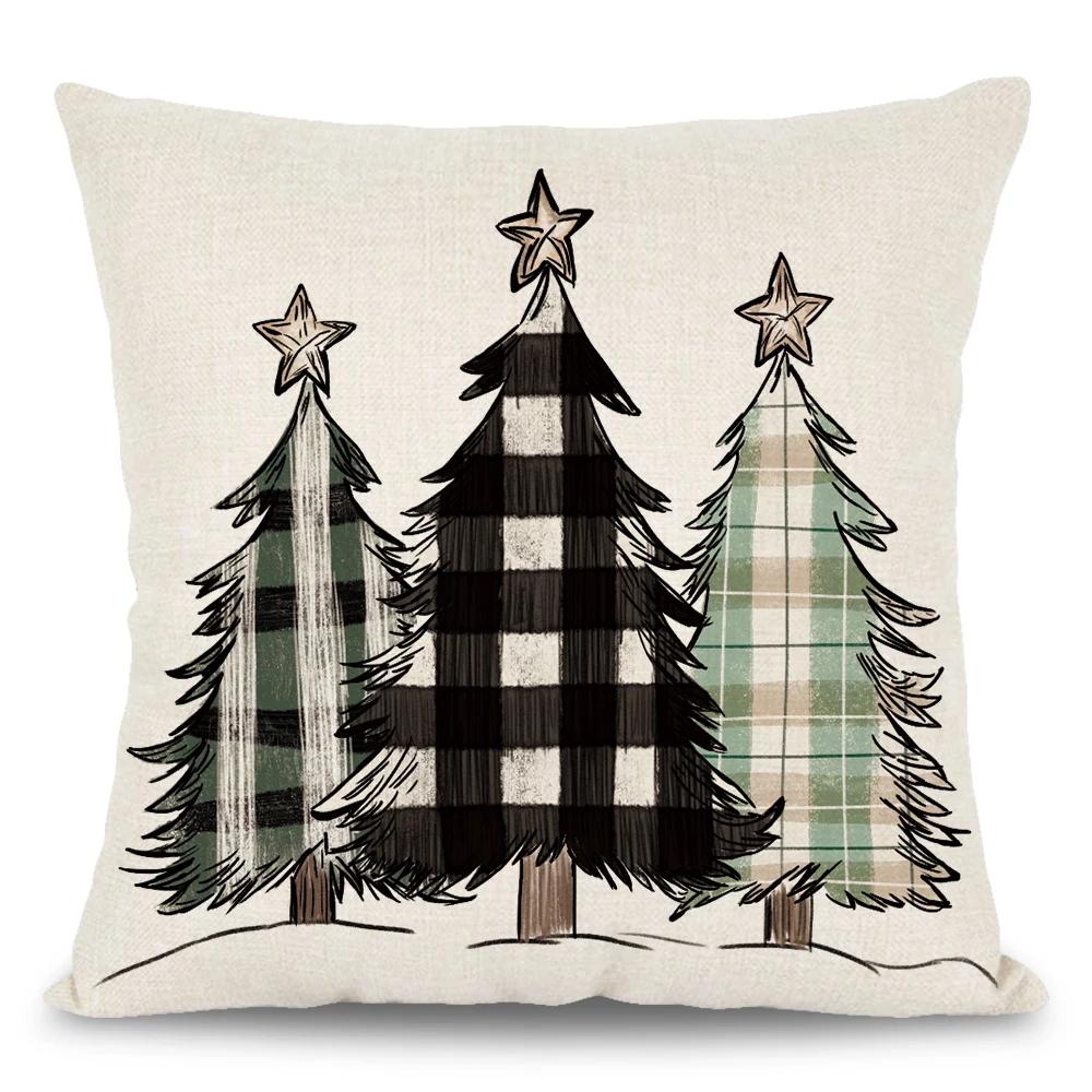 1pc Winter Green Christmas Pillowcase Hand Painted Plaid Truck Christmas Tree Cushion Cover For Sofa Farmhouse Home Decor