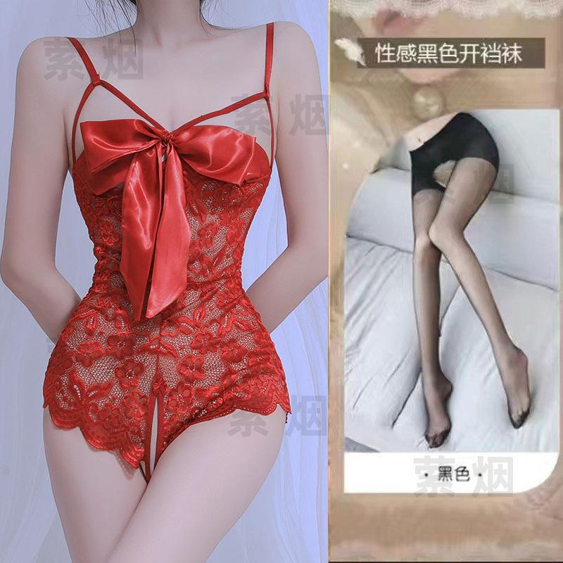 Sex underwear lace temptation transparent hollow sexy onesie bow qqny open uniform set