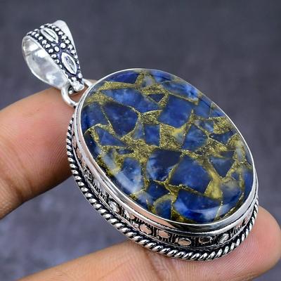 Pingente de joia de prata esterlina 925 com pedra preciosa de sodalita de cobre natural 2,17" W8K86
