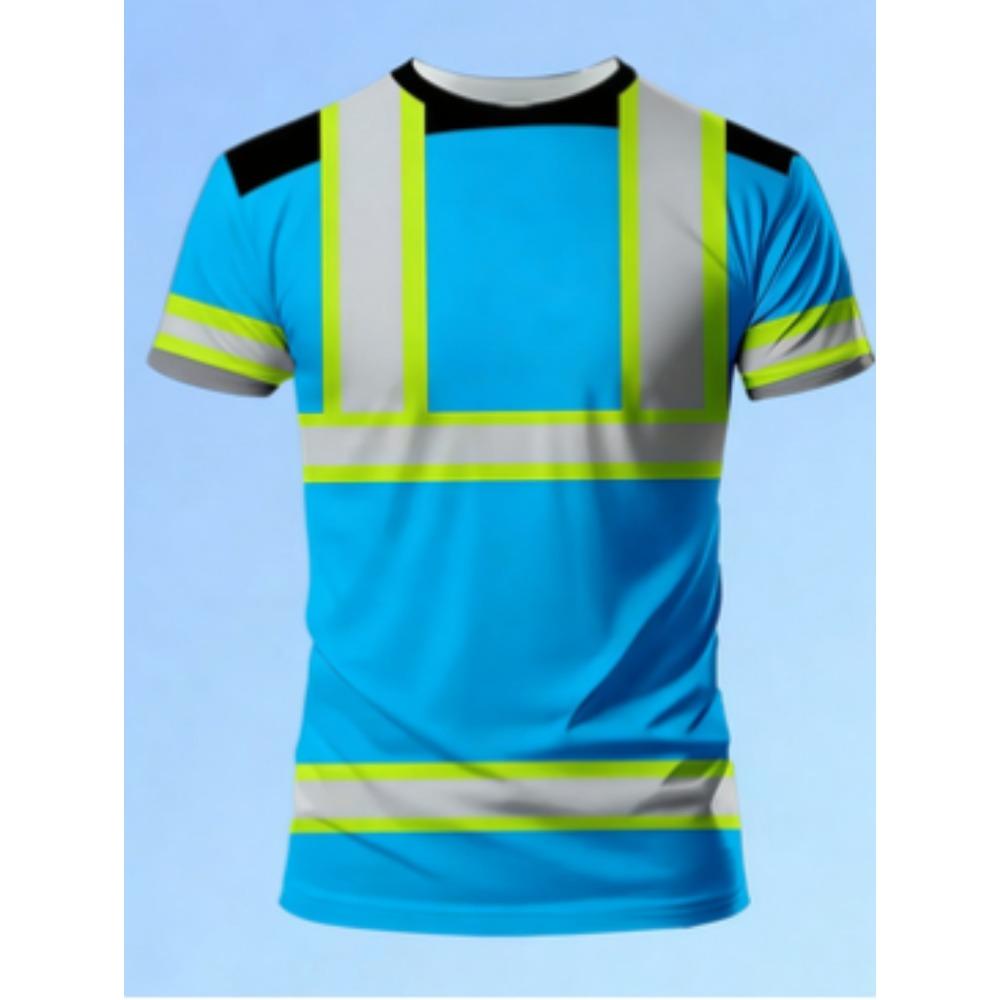 Men's 3D Printed New Safety Sign Color-Block Design Short Sleeve Fashionable Summer Casual