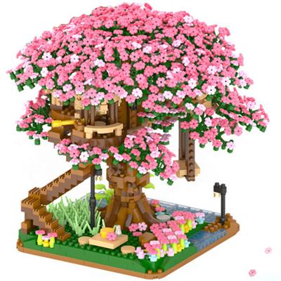 2138-teiliges DIY-Bauset mit Kirschblütenmotiv, rosa Baumhaus und Eisenbahn – Klassisches Modellbauset für Kinder