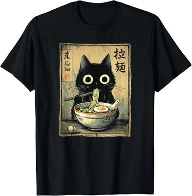 Kawaii Katė Ramen Retro Japoniškos Makaronų Dailės T-shirt unisex T-shirt