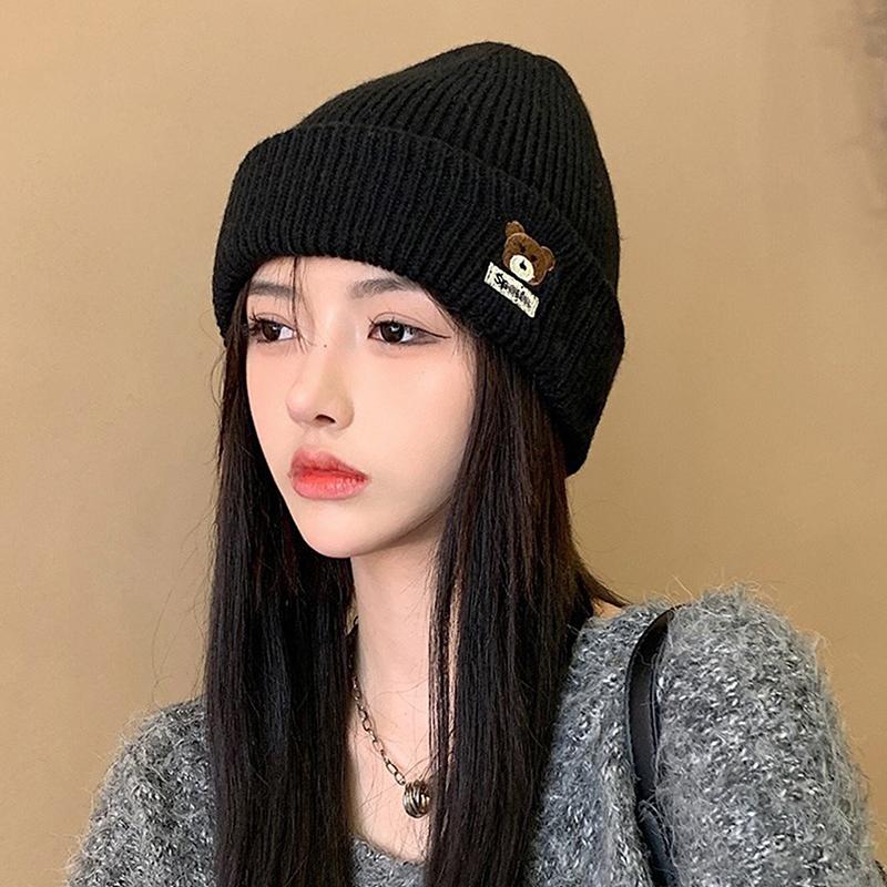 

Cartoon Bear Embroidery Knitted Beanies For Women Autumn Winter Warm Wool Hat Korean Girl Windproof Earmuffs Pullover Cap Bonnet чёрный