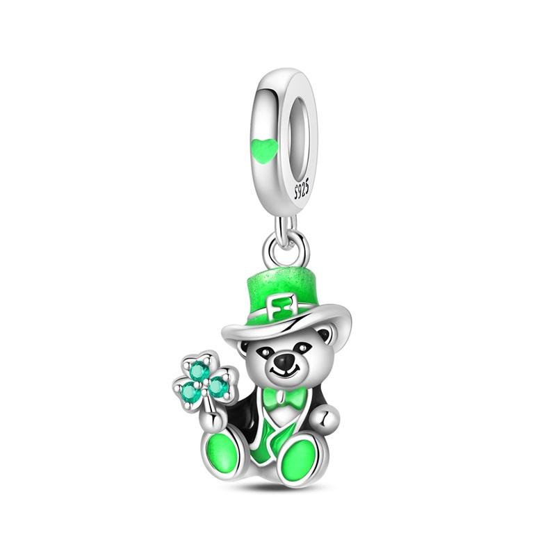 Green Series 925  Silver Dinosaur Bow Puppy Swallow Umbrella Four-Leaf Clover Charm Fit DIY Bracelet Necklace Party Gift